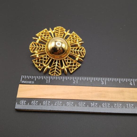 Vintage Gold Tone Flower Brooch, Reflective Center, Filigree Petals, 2 1/8 Inch - Picture 5 of 7